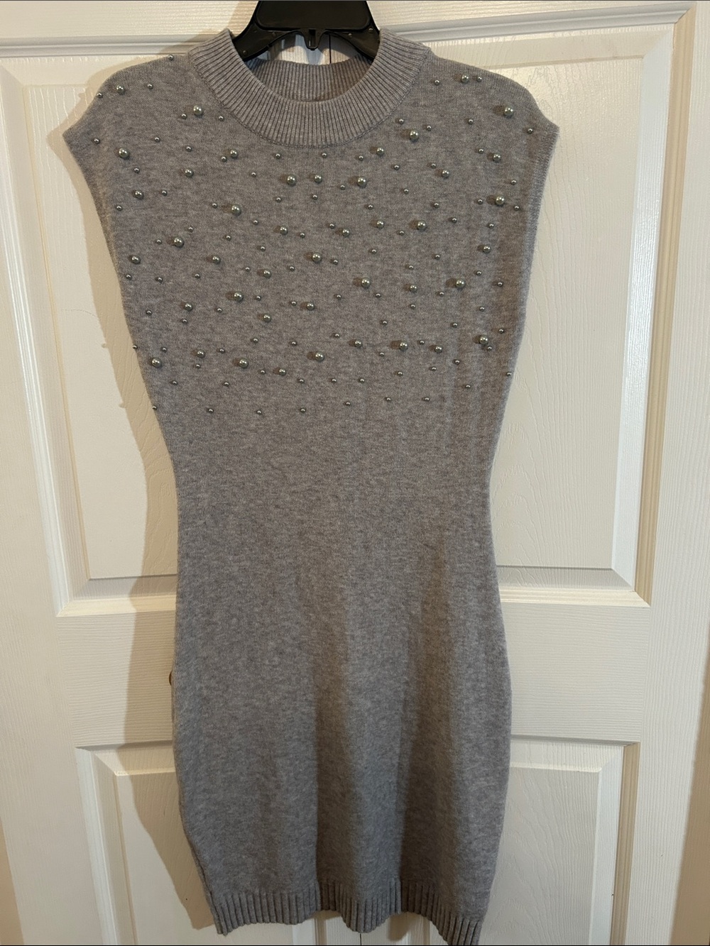 Gray Pearls Embellished Knit Sweater Dress